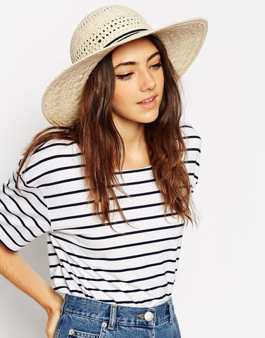 Straw Floppy Hat With Thin Bow Trim