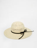 Straw Floppy Hat With Thin Bow Trim
